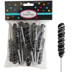 black and white striped lollipops are in the package