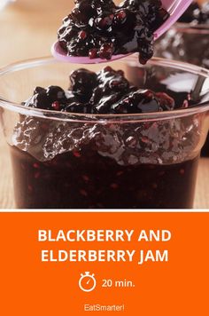 blackberries and elderberry jam in a glass bowl with spoon on the side text reads blackberry and elderberry jam 20 min