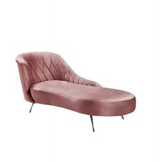 a pink chaise lounge chair with metal legs and footrests on an isolated white background