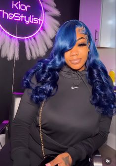 Blue Birthday Hair, Brown Wig With Blue Highlights, Blue Wig Install, Exotic Hair Color, Blue Wigs, Baddie Hair, Black Hair Ombre, Wigs Hairstyles, Teenage Hairstyles