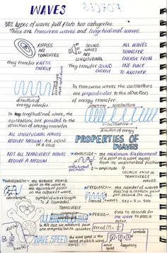 an open notebook with writing on it and notes about the various types of waves in blue ink