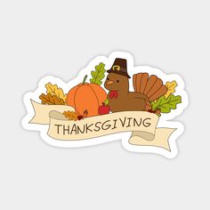 a sticker that says thanksgiving with a turkey and pumpkins