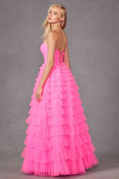 This dress is made with 100% polyester, ensuring quality and durability. The stunning neon pink and sage green colors are sure to make a statement, while the long A-line skirt adds elegance and sophistication. The sweetheart neckline and open back add a touch of glamor, making this the perfect choice for any formal occasion. Plus, the strapless design allows for effortless movement and comfort, so you can dance the night away without any restrictions. As a product expert, we guarantee this dress Ruffle Skirt Long, Plus Prom Dresses, Ruffled Gown, Red Quinceanera Dresses, Green Homecoming Dresses, Stunning Prom Dresses, Tulle Ball Gown, Designer Prom Dresses, Prom Designs