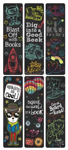 four bookmarks with different designs and words on the front, one has a blackboard background