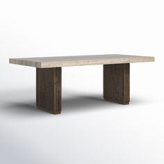 a wooden table with two legs and a white surface on the top, in front of a