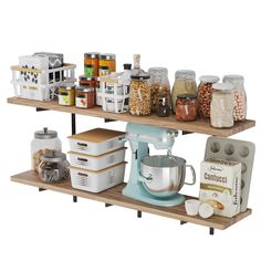 two wooden shelves with food items on them and one shelf holding an electric mixer, breadcrumbs