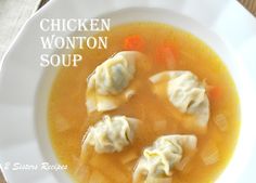 chicken wonton soup in a white bowl