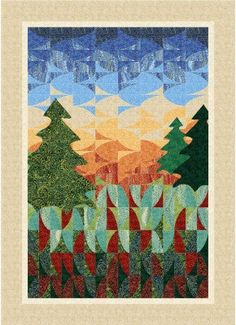 a quilted wall hanging with trees and mountains in the background, as well as an orange sky