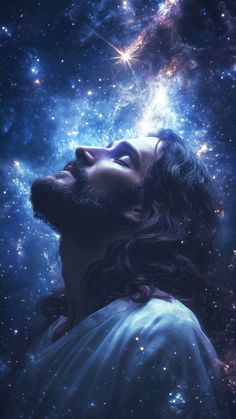 a man with long hair looking up at the stars in the sky, while wearing a white shirt