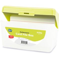 a white box with a yellow lid and handle on it that has a card file in it