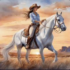 a woman riding on the back of a white horse in an open field at sunset