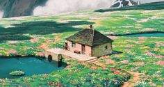 a painting of a house in the middle of a field with water and flowers around it