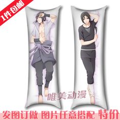 two pillows with anime characters on them, one in black and the other in white