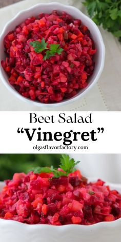 beet salad in a white bowl with parsley on top and the words beet salad