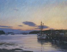 a painting of boats in the water at sunset