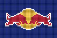 A pixel art template of the old Red Bull logo, with the white outline all the way around. Red Bull Perler Beads, Pixel Art Red Bull, F1 Embroidery, Rumah Minecraft Sederhana, Arts And Crafts For Teens