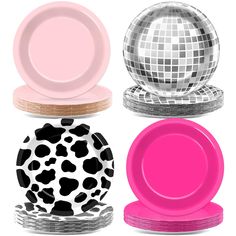 three plates, one with a disco ball on it and the other with a pink plate