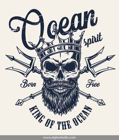 a skull wearing a crown with two crossed swords and the words ocean spirit king of the ocean