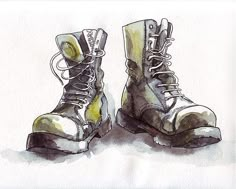 watercolor and ink drawing of a pair of combat boots on white paper with yellow accents