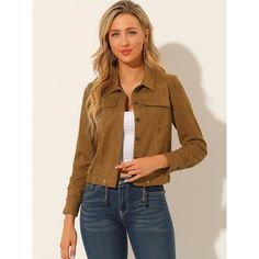 This faux suede moto jacket is features crop design,snap buttons and point collar adding fashion and classic feel. Crop length and button up in soft faux suede fabric create a comfort and classical piece for casual, work, holiday, weekend wear. This jacket is versatile for daily wear at cool fall and winter. Style it with jeans and casual top and boots for a fashion look. Wear it open front or button up to finish a casual and stylish look. Joker Jacket, Jacket Corduroy, Estilo Hipster, Plus Size Cosplay, Cropped Coat, Versatile Jacket, Short Lace Dress, Printed Long Dresses, Cardigan Shirt