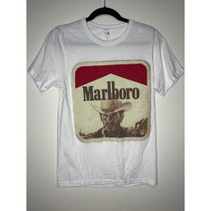 Marlboro Cowboy Vintage Style Short Sleeve Tshirt Size Adult Small Brand New On Playery Heavy Weight 100% Cotton Tee Vintage White Shirt With Text Print, Retro White Shirt With Front Print, Cowboy Vintage, Style Tshirt, Heavy Weight, Cotton Tee, Vintage Style, Cowboy, The 100