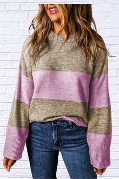 Elevate your fall and winter wardrobe with the Rebecca Color Block Round Neck Long Sleeve Sweater. This cozy yet stylish sweater is designed to keep you warm and fashionable. Featuring a chic color block pattern, it adds a touch of modern flair to your everyday look. The round neck and long sleeves provide a classic silhouette that flatters all body types. Crafted from a soft, high-quality knit, the Rebecca sweater ensures maximum comfort and durability. Perfect for layering over your favorite j Fall Color Matching Sweater For Layering, Multicolor Sweater With Color Matching For Fall, Trendy Contrast Color Sweater For Fall, Trendy Fall Sweater With Contrast Color, Trendy Long Sleeve Sweater With Contrast Color, Color Block Sweater For Fall Layering, Trendy Fall Sweater With Color Matching, Cozy Patchwork Sweater For Fall, Winter Knit Sweater With Contrast Color