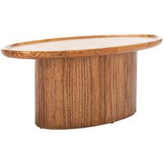 a round wooden table with white top and wood grained finish on the base, against a white background