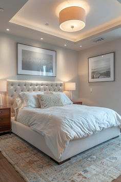 a large white bed sitting in a bedroom next to two lamps on either side of the bed