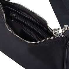 Nylon pochette Adjustable top strap Zipper closure Detachable pouch 6.75"H x 9"W x 2.25"D 16" Chain length 24" Shoulder strap drop 3 ways to wear: crossbody, over the shoulder, top handle Imported Black Baguette Bag With Silver-tone Hardware For Travel, Black Baguette Crossbody Bag With Silver-tone Hardware, Functional Evening Shoulder Bag With Zipper Closure, Functional Crossbody Shoulder Bag For Evening, Functional Evening Crossbody Shoulder Bag, Functional Evening Shoulder Bag With Detachable Handle, 3 Ways To Wear, Tech Bag, Steve Madden Store