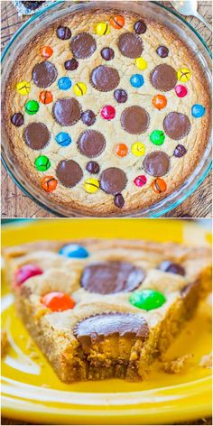 there are three different desserts on the plates and one has a cookie in it