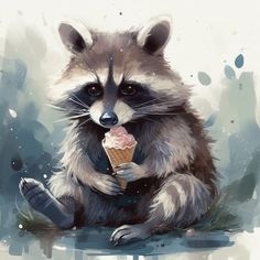 a painting of a raccoon eating an ice cream cone with its paws on the ground