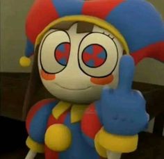 a cartoon character with big eyes giving the peace sign while wearing a clown hat and holding his thumb up