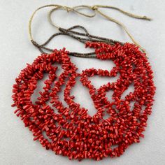 A long Santa Domingo 3 strand red coral and fine shell necklace. Guessing 1980's or 1990's. I've had them for awhile. 21 inches of coral times 3 strands shell is 6 inches. 8" braided cord on each side So - total length 45" at the max. 34" min. Multi-strand Red Coral Beaded Necklace As Gift, Multi-strand Red Coral Beaded Necklace For Gift, Red Multi-strand Hand-strung Necklace, Handmade Multi-strand Red Coral Jewelry, Handmade Multi-strand Red Coral Necklace, Multi-strand Red Coral Beaded Necklaces, Red Multi-strand Necklaces With Natural Stones, Coral Multi-strand Beaded Necklaces, Coral Multi-strand Beaded Necklace