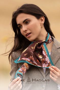 The Clare Haggas 'Grouse Misconduct' silk scarf collection is perfect for any country loving girl, available in classic autumnal colours, and perfect to pair with tweed. Orange Scarf, Brown Scarves, Silk Accessories, Silk Twill, Silk Scarves, Country Girls, Old Money, Silk Scarf, Wearable Art