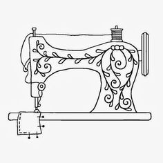 the sewing machine is shown in black and white, as well as an outline drawing