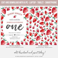 the strawberry themed birthday party is ready to be printed and put on your own wall