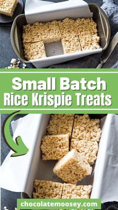 small batch rice krispie treats in a pan with the words, small batch rice krispies