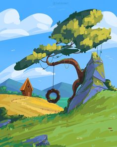 a painting of a tree with a tire hanging from it's trunk on a hill