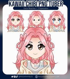 an anime character with pink hair and four different facial expressions, including the words kawai chibing tuber