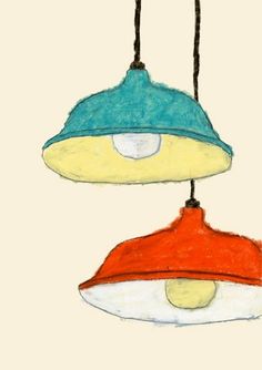 three lamps hanging from strings with one light blue and the other red, on a white background