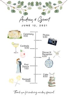 an illustrated wedding info sheet with the names and dates