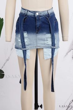 Lasaky - Introducing the Rugged Indigo Casual Gradient Distressed High-Rise Denim Skirt Blue Ripped Skirt For Summer, Ripped Denim Skirt In Blue, Ripped Blue Denim Skirt, Blue Ripped Denim Skirt, Blue Denim Ripped Skirt, High Rise Denim Skirt, Denim Boots, Happy Spring, High Rise Denim