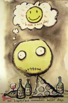 a drawing of a man with bottles and a thought bubble above his head