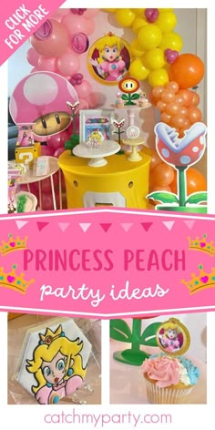 princess peach party ideas with balloons and decorations