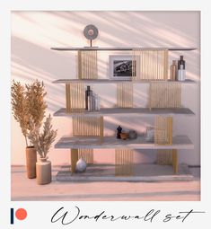 a book shelf with books and vases on it in front of a white wall