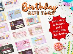 a birthday gift tag with candy and lollipops