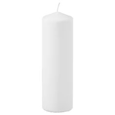 a white pillar candle is shown on a white background with a long, narrow tip