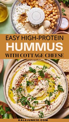 hummus in a bowl with olives and pita bread on the side, next to an image of hummus