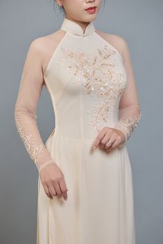 Wedding Ao Dai in Champagne Color Lace & Chiffon Fabric. Features Beautiful Hand Beading. - Etsy Vietnam Wedding Ao Dai With Intricate Embroidery, Fitted Ao Dai With Intricate Embroidery For Ceremony, Ceremonial Fitted Ao Dai With Intricate Embroidery, Ceremony Ao Dai With Intricate Embroidery, Fitted Dress With Embroidered Sleeves For Wedding, Elegant Ao Dai With Intricate Embroidery For Ceremony, Elegant Ao Dai With Lace Sleeves For Wedding, Elegant Wedding Ao Dai With Lace Sleeves, Elegant Floor-length Fitted Ao Dai