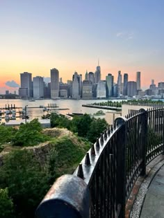 an iron fence overlooks the city skyline